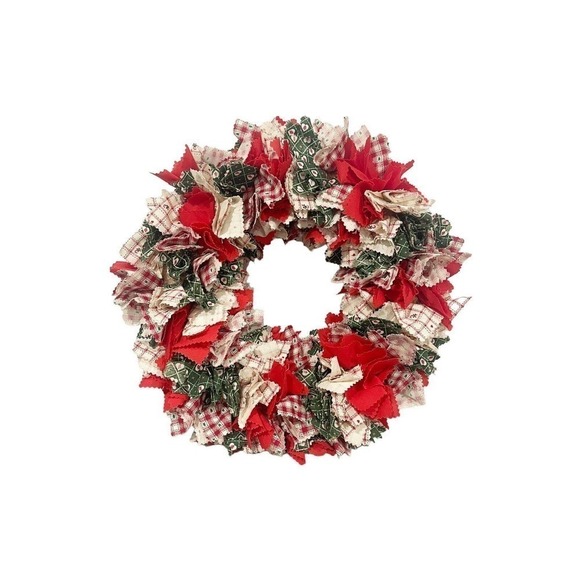 Vintage Cottage Core Holiday Christmas Wreath Tied Fabric Mixed Pattern - Picture 1 of 5